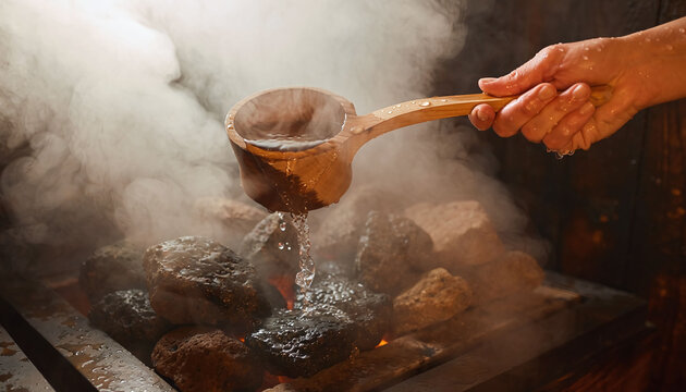 A hand pours water from a wooden ladle onto hot sauna stones, creating a thick, therapeutic steam cloud. Perfect for wellness and spa designs, evoking warm, relaxing feelings.