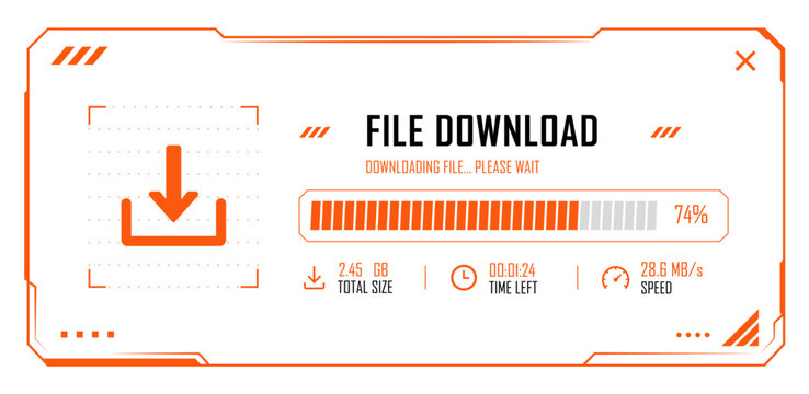 Futuristic file download interface template with Sci-Fi Cyberpunk UI, progress bar, download manager, data transfer dashboard and HUD vector design