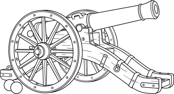 Vintage historic war artillery cannon with wooden carriage wheels and iron balls military weapon illustration sketch
