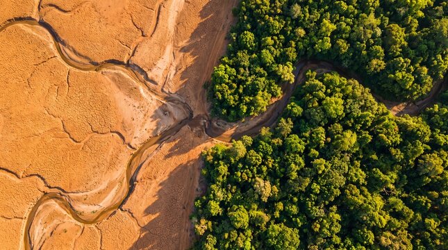 Aerial view of a dried cracked riverbed transitioning into a lush green forest landscape representing the stark contrast between drought and nature captured in warm golden hour sunlight