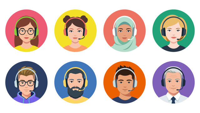 Customer support team avatar icon set, diverse call center operators and online service staff wearing headsets with microphone portrait illustration