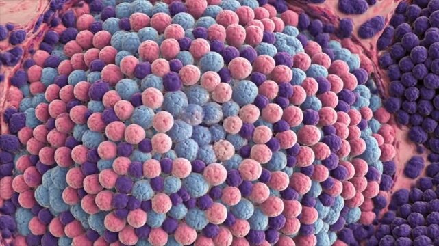 A microscopic view of colorful spheres densely packed together on a surface