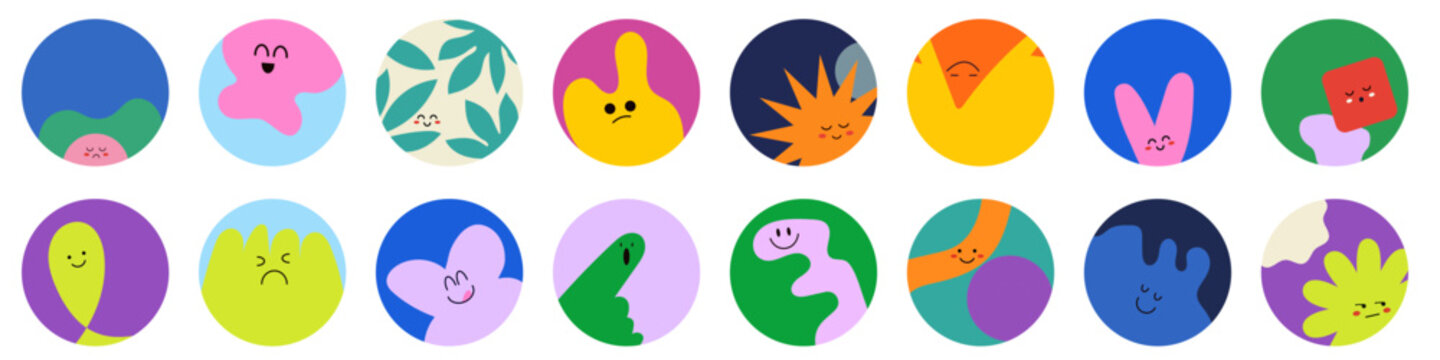 Abstract organic shape character avatar set, cute funny geometric blob figures with comic facial expressions in colorful circles illustration for profile