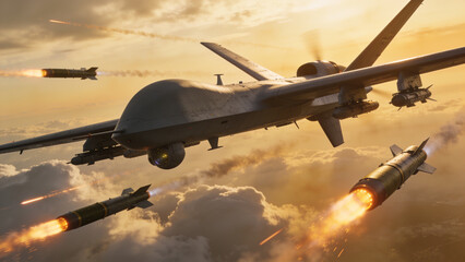 Fototapeta premium Military combat drone launching precision missiles during an aerial strike at sunset over a battlefield.