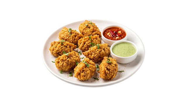 fried chicken kurkure momos served on a round ceramic plate with spicy red schezwan sauce and green mint chutney garnished with fresh coriander leaves isolated on a transparent background 