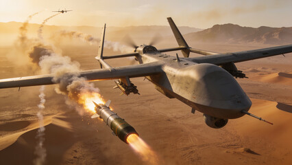 Fototapeta premium Military combat drone launching precision missiles during an aerial strike at sunset over a battlefield.