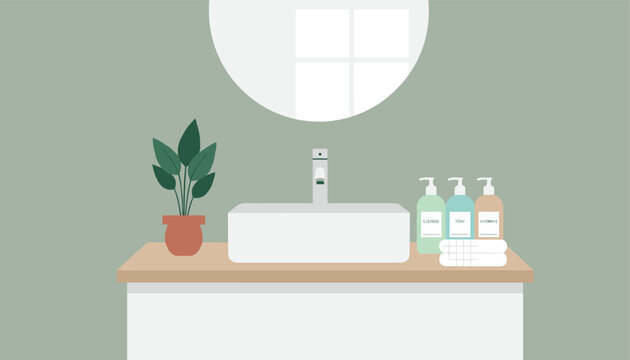 Modern minimalist bathroom vanity setup featuring a white rectangular sink, green plants, and soap dispensers on a wood-tone counter.