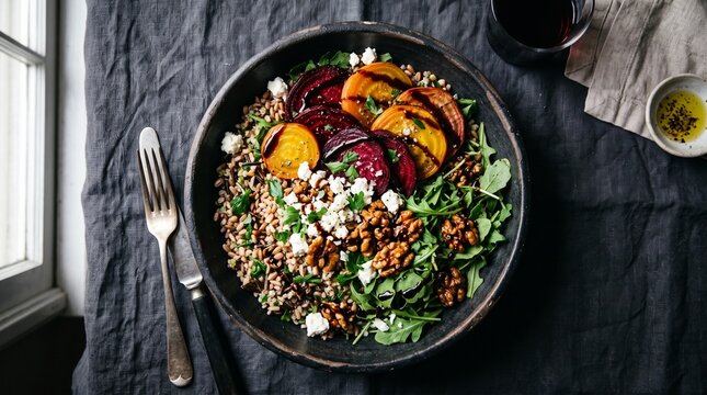 Beet Healthy Meal, Salad bowl featuring roasted beets, goat cheese, walnuts, and fresh greens sits on a dark linen cloth.