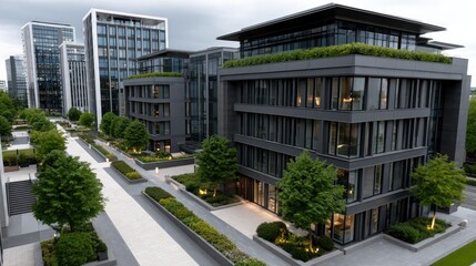 Obraz premium Vibrant startup district with modern offices, rooftop gardens and futuristic architecture captured from above during daylight hours