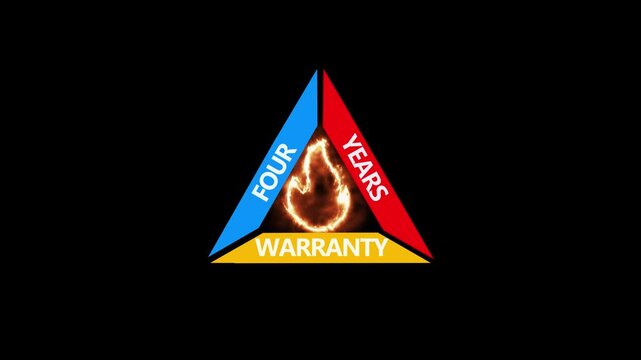 Neon 4 year warranty with shield icon animation on red background. Business product quality concept. Badge Animated Glow Effect with Particle Background in Stock Footage.