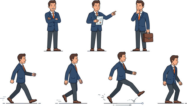 Cartoon Businessman Character Sprite Sheet Showing Various Poses Including Walking Running Thinking Presenting Data and Standing for Infographics and Explainer Videos
