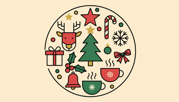 Festive Christmas circle design filled with holiday icons like a reindeer tree candy cane and hot drinks on a light background.
