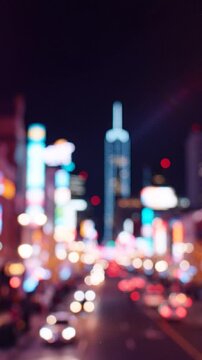 A Captivating Urban Nightscape Illuminated by Vibrant Neon Lights and Soft Bokeh Effects, Featuring a Majestic Skyline in the Background