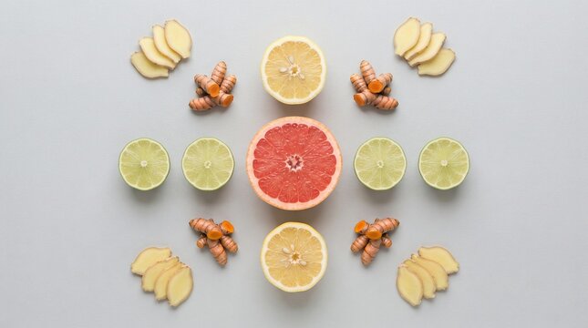 Citrus fruits, ginger slices, and turmeric roots are laid out in a symmetrical pattern on a neutral gray background.