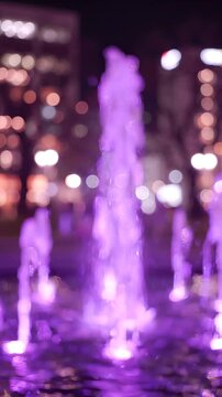 Captivating Purple Water Fountain Illuminated at Night, Creating a Magical Atmosphere with Its Luscious Streams and Vibrant Colors, Enhancing the Urban Landscape