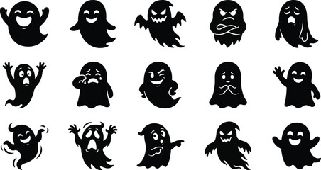 Fototapeta premium Black silhouette ghost character set for halloween designs and spooky decorations