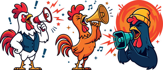 Funny Cartoon Rooster Mascot Character Collection Shouting and Screaming into Megaphone and Bullhorn Loudspeakers for Alert Marketing and Advertising Designs © Miss