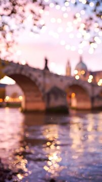 A serene twilight scene featuring a beautifully illuminated bridge reflecting on a calm river, surrounded by sparkling lights and a softly blurred background.