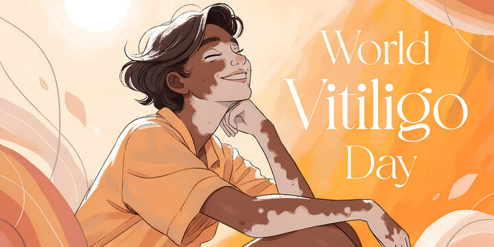  Illustration of smiling person with vitiligo celebrating World Vitiligo Day in warm orange tones symbolizing diversity inclusion self acceptance and skin condition awareness Generative Ai.