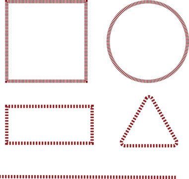 Red dashed geometric frame border set with square circle rectangle and triangle vector illustration
