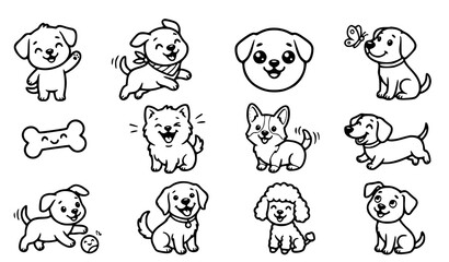 Fototapeta premium Cute Puppy Dog Cartoon Collection with Different Poses Playing Sitting Running and Smiling Outline Illustrations