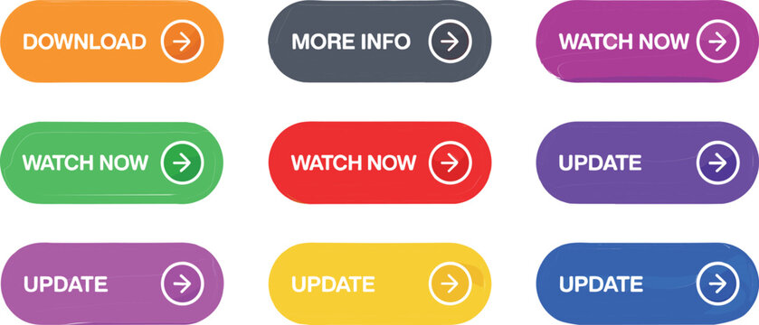 Flat web button icon set with colorful capsule shapes for download watch now and update actionsFlat web button icon set with colorful capsule shapes for download watch now and update actions