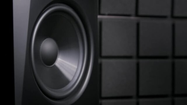 Close-up of a black speaker woofer cone vibrating in slow motion from intense bass. The audio driver creates sound waves against a background of dark acoustic panels.