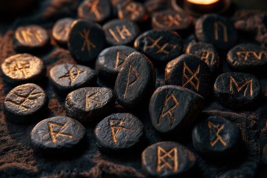 Collection of Dark Wooden Viking Rune Stones with Gold Symbols on Dark Fabric