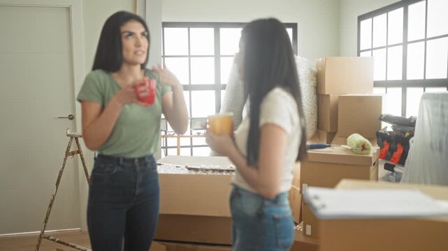 Two women hold coffee mugs, one raises a hand while talking amid packed moving boxes in a building; moving support conversation.