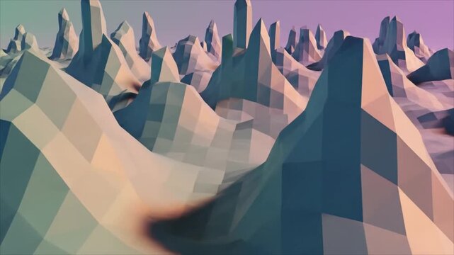 Low poly mountain range landscape with sharp peaks under purple sky