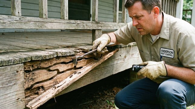 A pest control professional examines rotting wood with termites using a crowbar and flashlight. He looks focused on home inspection service. Use for maintenance or insurance marketing.