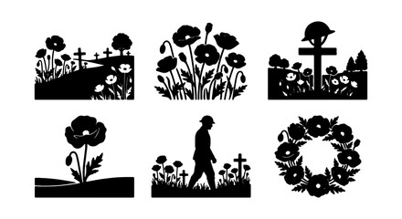 Obraz premium Poppy Remembrance Graphics, Vector Set: Soldier, Crosses, Wreath, Cemetery Scenes