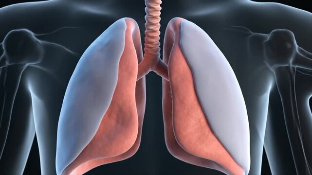 Human lungs and trachea inside chest with ribcage and spine visible