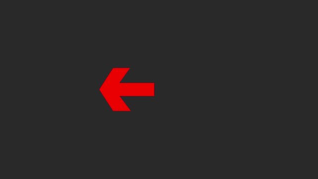 Bright red arrow icon pointing to the left on a dark gray background for navigation and user interface design