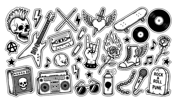 Rock and Roll Punk Music Doodle Sticker Set with Skull Guitar Graffiti and Hand Gesture Vector Illustration.