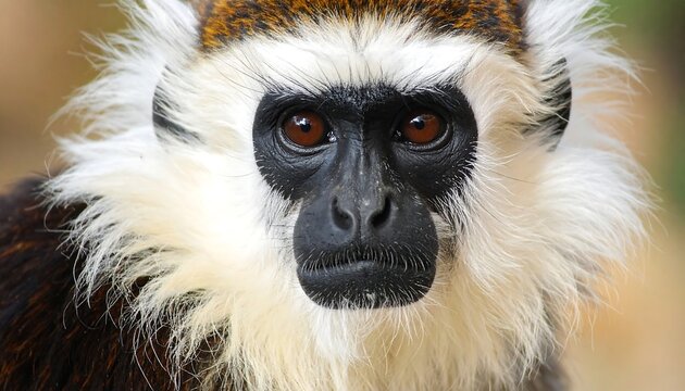 A close-up portrait of a monkey with distinctive facial markings. Its brown eyes stare intensely forward, contrasting with its white and brown fur