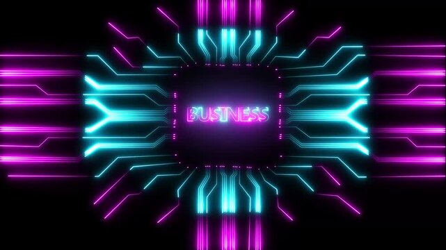 Abstract neon motherboard icon . 4k Circuit Board with neon line moving electrons Data Flow Loop Background Animation.manufacturing process management all connected in a digital circuit like pattern.