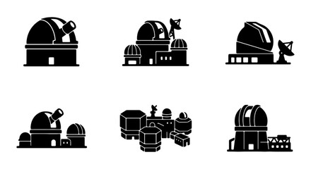 Astronomical observatory icon set, space telescope station vectors, science research buildings © KHAN