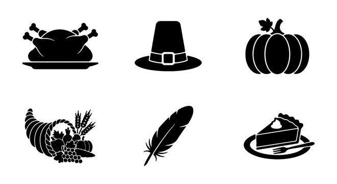 Thanksgiving black solid icon set, autumn holiday vector elements, 6 harvest festival glyphs