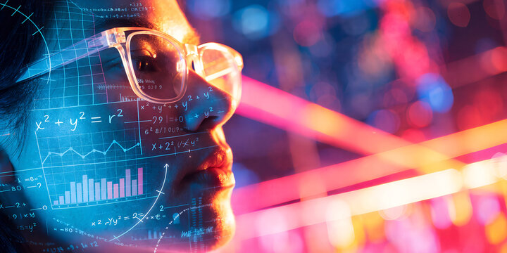 Close up of woman wearing glasses with digital data charts and colorful neon lights symbolizing artificial intelligence analytics and futuristic technology  Generative Ai.