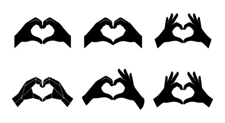 Fototapeta premium Heart hand gesture vector set, black silhouette hands making heart shape, love icons