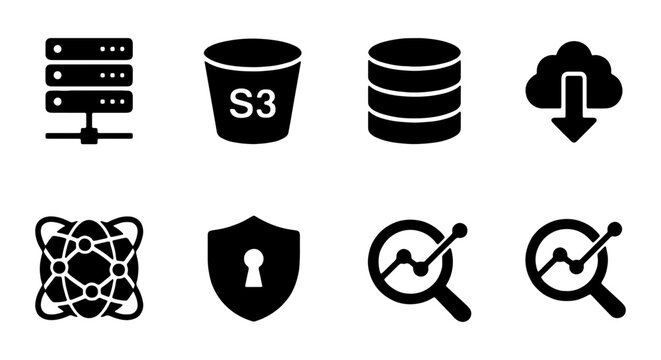 Cloud computing database icons, black vector server and data storage symbols set