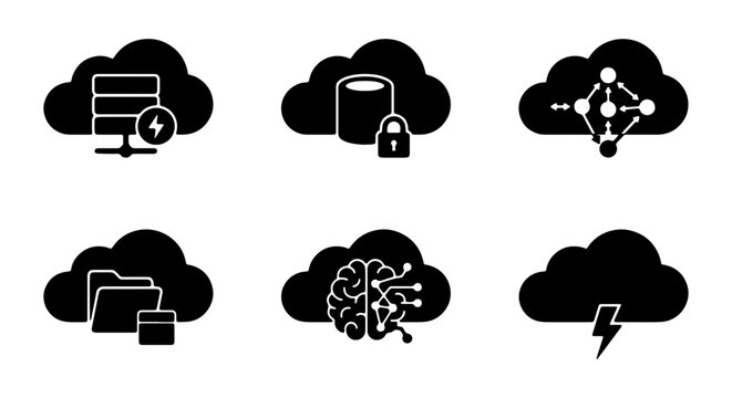 Cloud computing glyph icons set, database storage and network server vector symbols