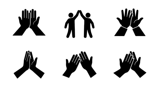 High five icon set, black silhouette hands clapping, teamwork and success vector elements