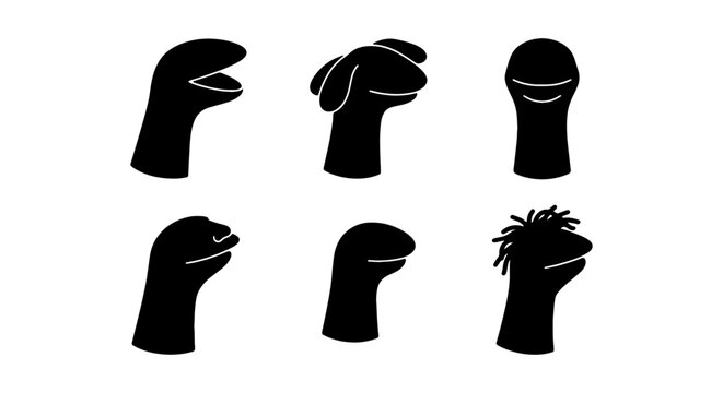 Sock puppet silhouette icons set, hand puppets vector illustrations, black and white theater elements