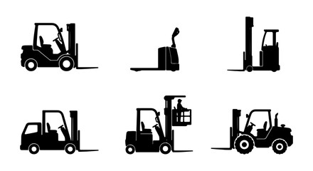Forklift Truck Icons Set, Warehouse Equipment Silhouettes, Industrial Vehicle Vector Graphics, Logistics and Material Handling Symbols © KHAN