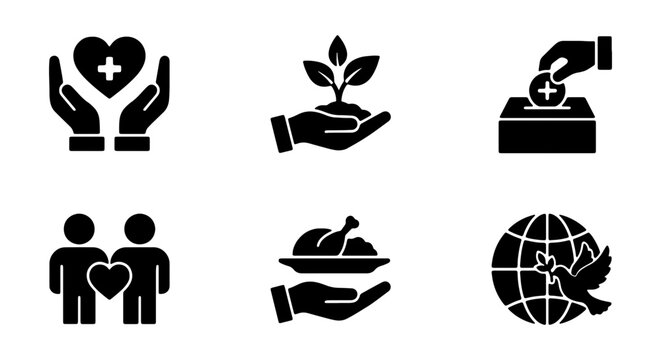 Charity and Support Icons: Hands Holding Heart, Growing Plant, Donation Box, Couple with Heart, Food Offering, Globe with Dove, Vector Graphics for Social Causes