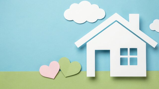 Charming paper cut-out house and hearts on a serene backdrop, symbolizing home, family, love, security, and real estate concepts