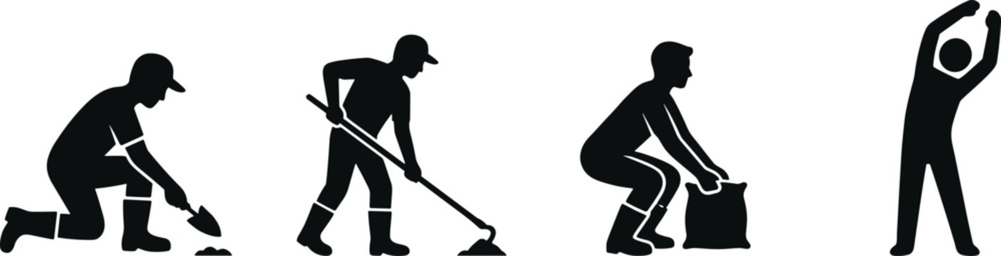 Farmer working silhouettes, gardening activity icons, digging with shovel, hoeing soil, lifting heavy sack, stretching body, isolated graphic illustration