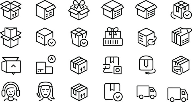 Logistics packaging icon set with delivery box gift ribbon cargo truck and customer support customer line vectorsLogistics packaging icon set with delivery box gift ribbon cargo truck and customer sup